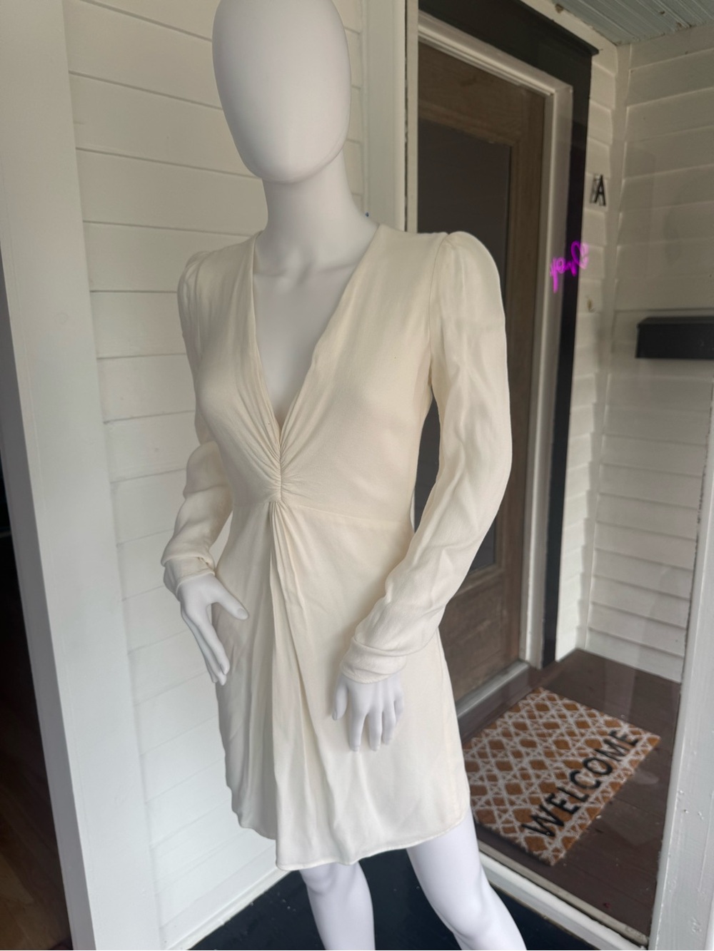 REFORMATION Ivory Petal Long Sleeve Twist Front Mini Dress